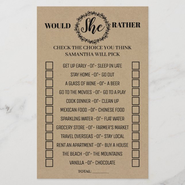 Skulle hon hellre rustic dusch tvåspråkigt spel flygblad (Framsidan)