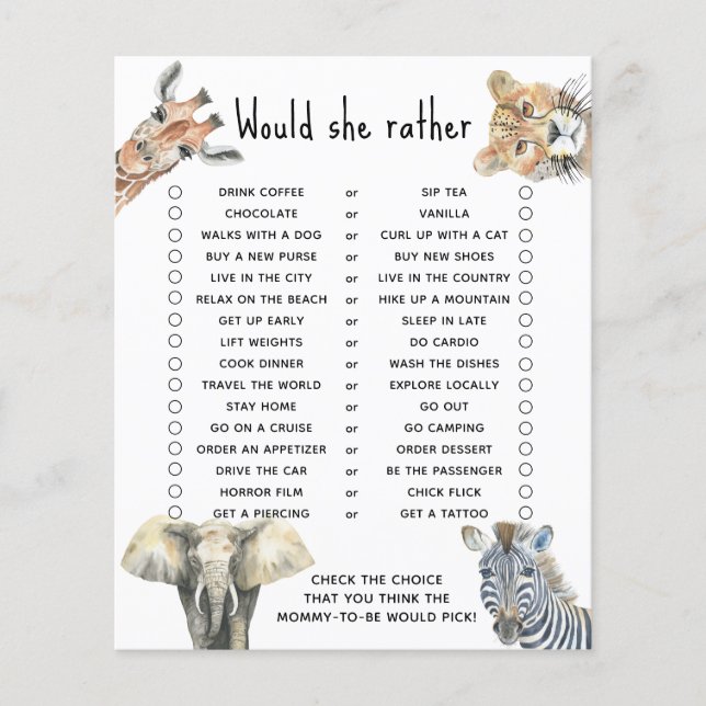Skulle hon hellre - safari baby shower-spel (Framsida)