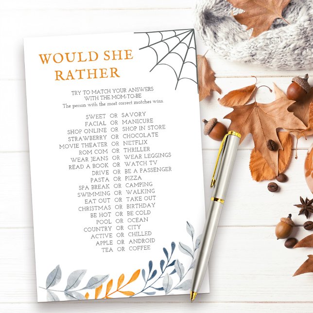 Skulle hon hellre se Halloween-fallspel? (Would She Rather halloween themed baby shower game with fall leaves and cobweb)