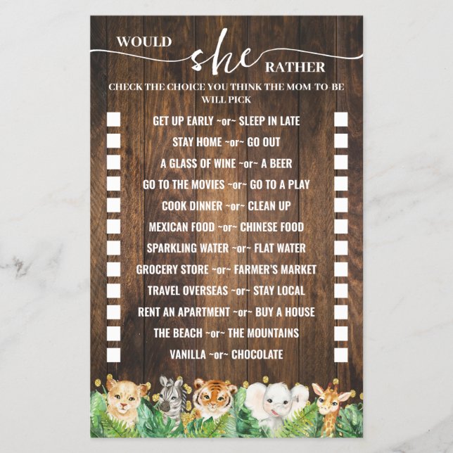 Skulle hon hellre se Safari Baby Shower Game Card? Flygblad (Framsidan)