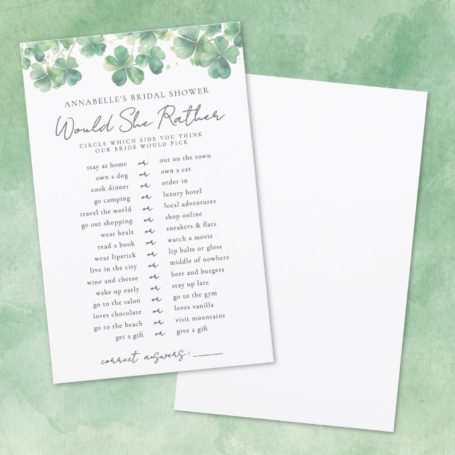 Skulle hon hellre Shamrock bröllopsdusch spel (Would She Rather Shamrock Bridal Shower Game)