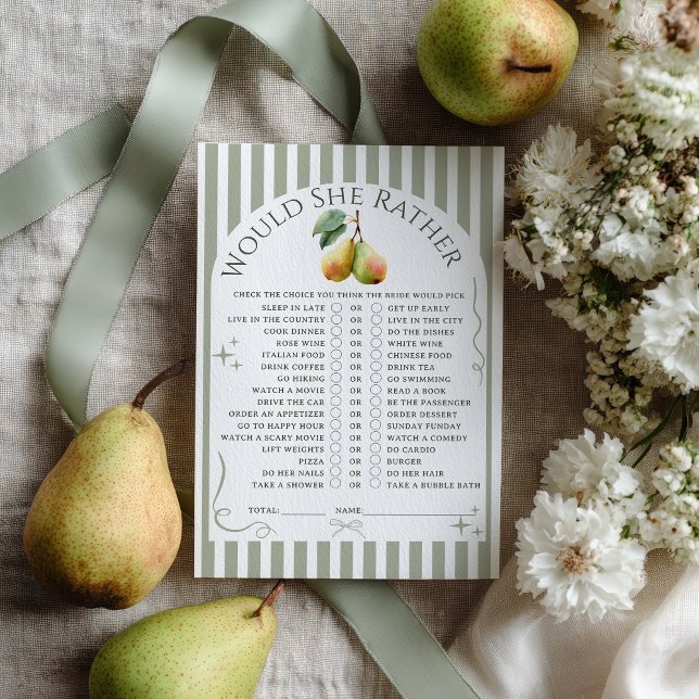 Skulle hon hellre spela Perfekt Pear Möhippa? (Would She Rather Game Perfect Pear Bridal Shower)