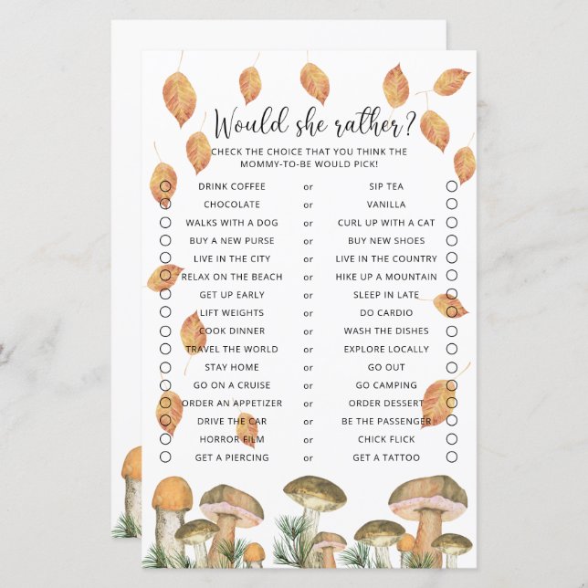 Skulle hon hellre - Svamp Baby Shower-spel (Fram/baksida)