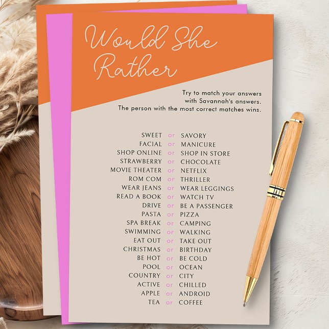 Skulle hon hellre tricolor Orange Rosa Shower Game (Would She Rather baby shower game from my Tricolor Baby Shower Collection)