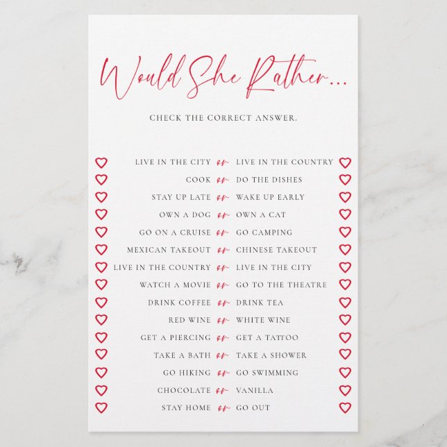 Skulle hon hellre Valentine Chic Bröllopsduschspel Flygblad (Framsidan)