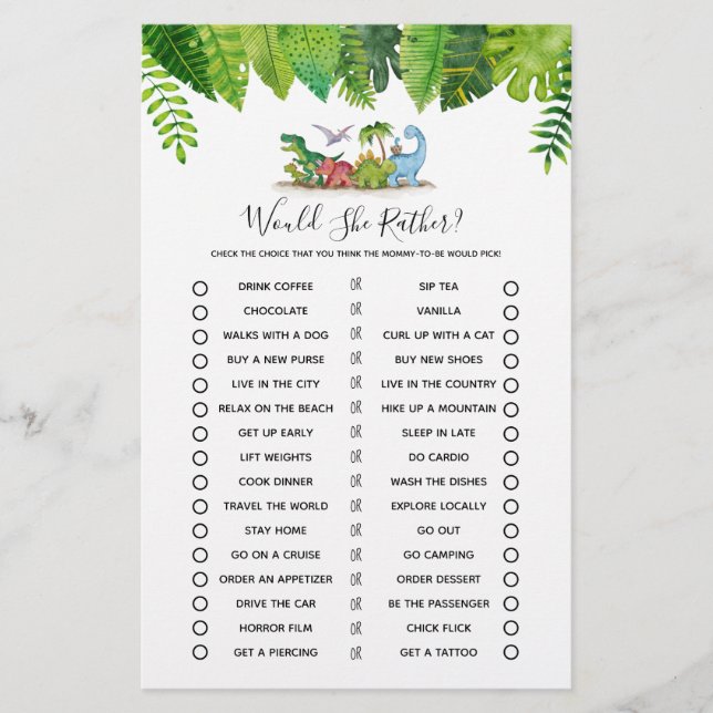 Skulle hon hellre vara dosinosaur Baby Shower Game (Framsida)