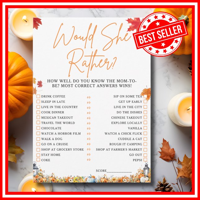 SKULLE HON SNARARE KUNNA BLI FLICKA GAMLPUMPKIN? INBJUDNINGAR (WOULD SHE RATHER Easy Baby Shower Game A Little Pumpkin is on the Way Fall Autumn Theme)