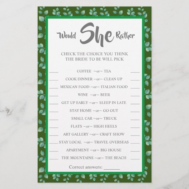 Skulle hon snarare vara eukalyptus BridalShower-sp Flygblad (Framsidan)