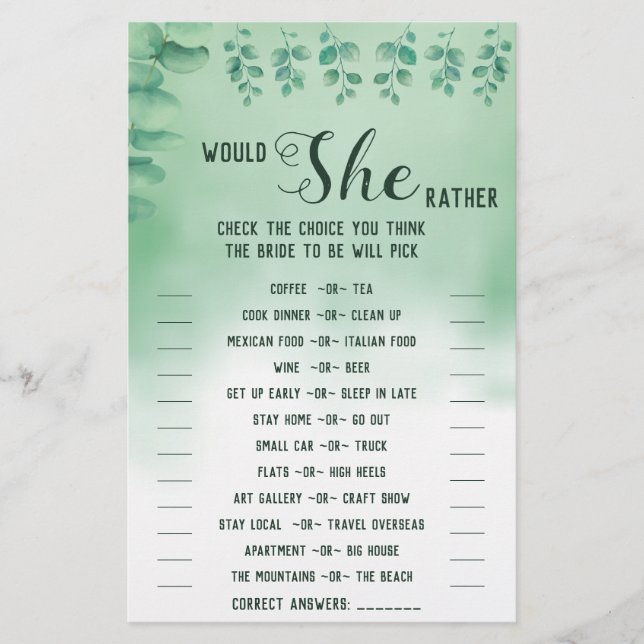 Skulle hon snarare vara eukalyptus BridalShower-sp Flygblad (Framsidan)