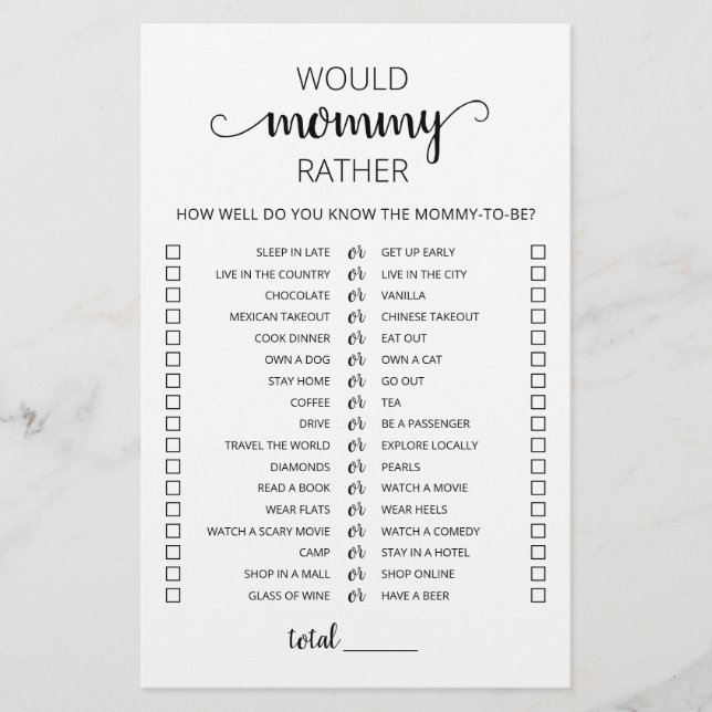 Skulle Mamma Hellre Baby Shower-spel (Framsida)