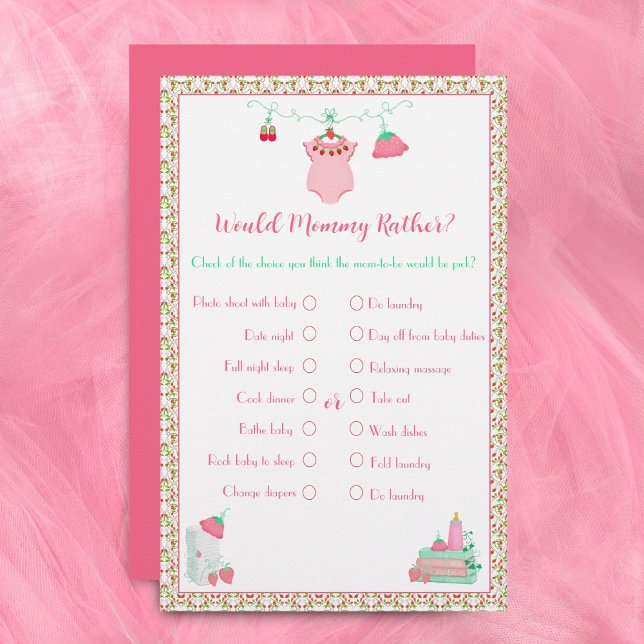 Skulle Mamma Hellre Jordgubbsskötsel Outfit-spel (Play 'Mommy Rather' with strawberries, a sweet twist to baby showers!)