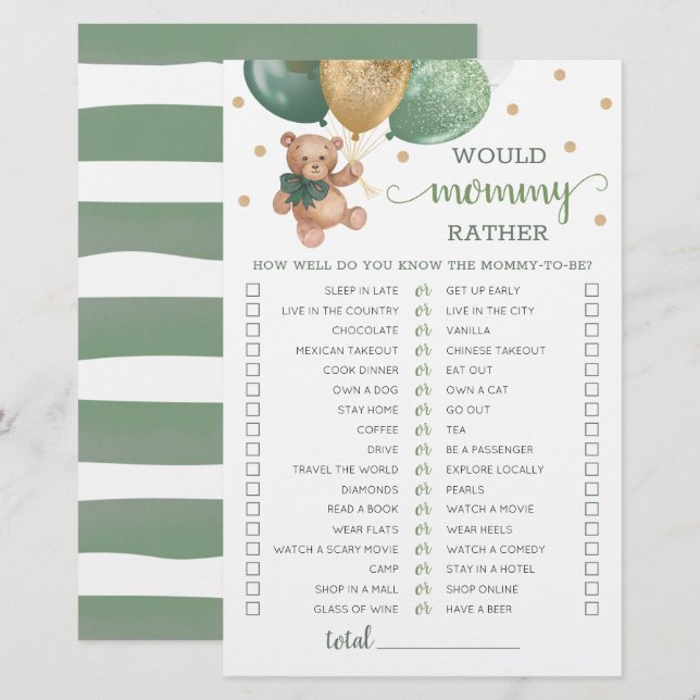 Skulle Mamma Hellre Spel Baby Shower Teddybjörn  (Fram/baksida)