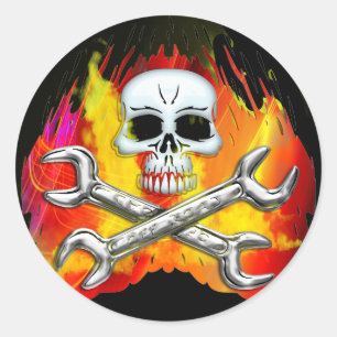 Skullfall och genomskurna färgrutor runt klistermärke