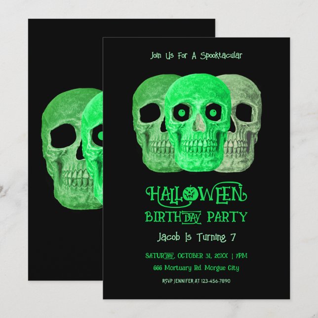 Skullfunn gotisk Grönt Black Halloween Birthday Inbjudningar (Fram/baksida)