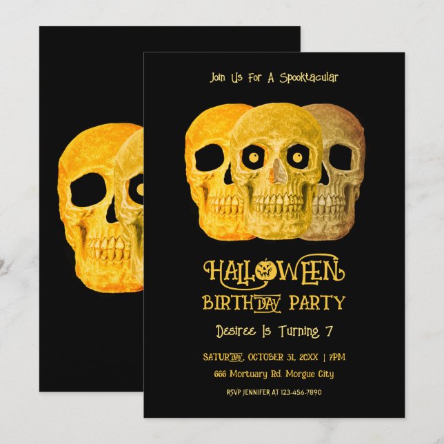 Skullfunn gotisk Gult Black Halloween Birthday Inbjudningar (Fram/baksida)