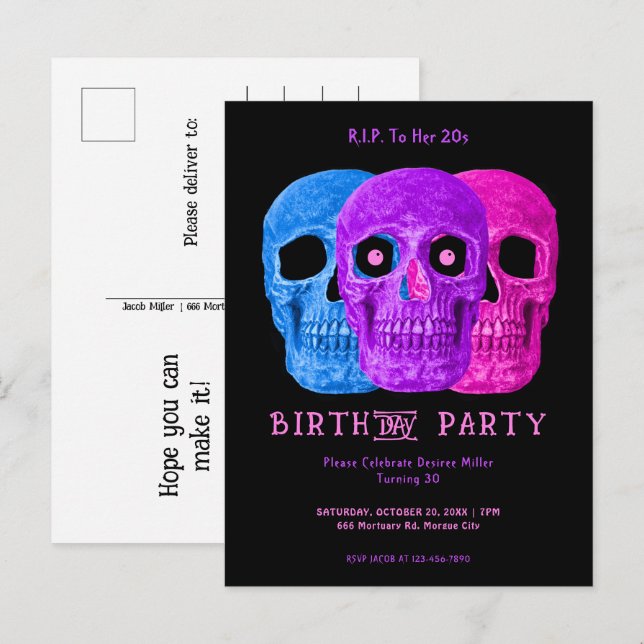 Skullfunn Lila Gothic Birthday till hennes 20-tal Inbjudan Vykort (Fram/baksida)