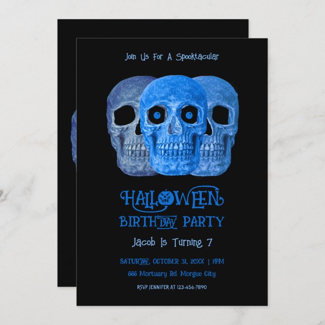 Skullfunny Gothic Blue Black Halloween Birthday Inbjudningar (Fram/baksida)