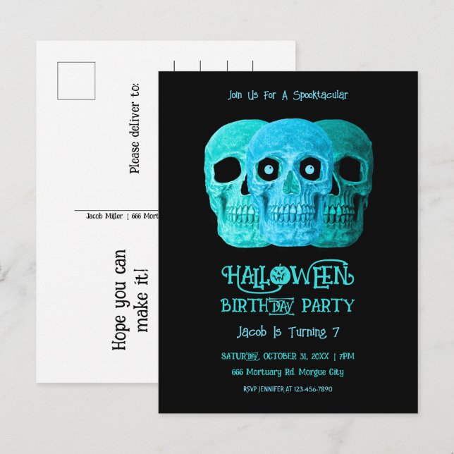 Skullfunny Gothic Blue Teal Halloween Birthday Inbjudan Vykort (Fram/baksida)