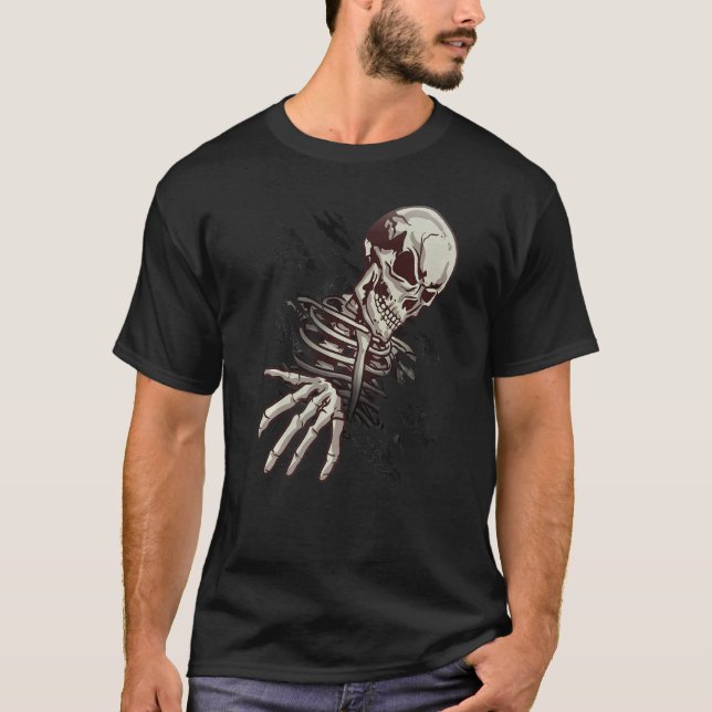 Skullgrafik Skeleton Hand kommer ut på Hallowee T Shirt (Framsida)