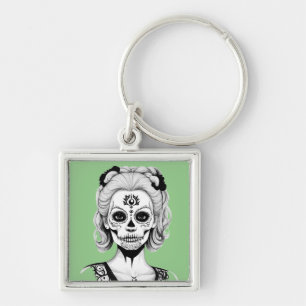 SKULLHEAD WOMAN FYRKANTIG SILVERFÄRGAD NYCKELRING