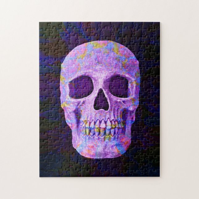 Skullhuvud Day of the dead Lila Blue Neon Gothic Pussel (Vertikal)
