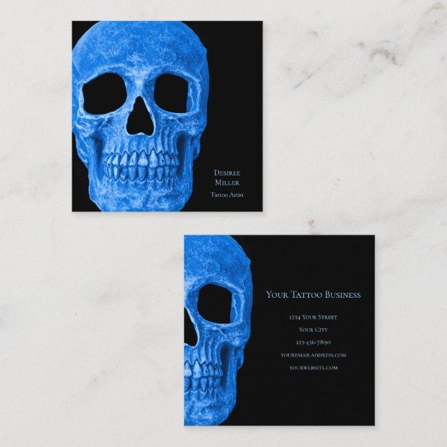 Skullhuvud Gothic Neon Blue Black Tatto Shop Fyrkantigt Visitkort (Fram/baksida)
