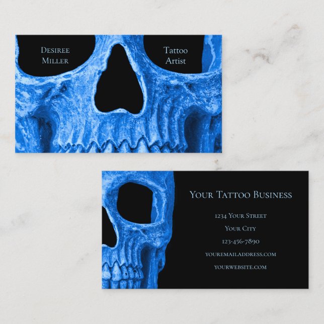 Skullhuvud Gothic Neon Blue Black Tatto Shop Visitkort (Fram/baksida)