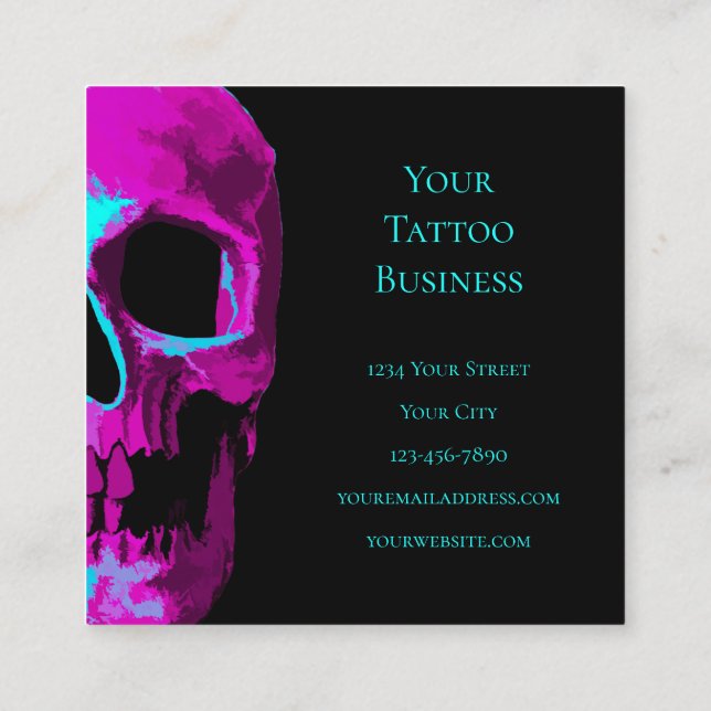 Skullhuvud gotin Neon Lila Teal Black Design Fyrkantigt Visitkort (Baksida)