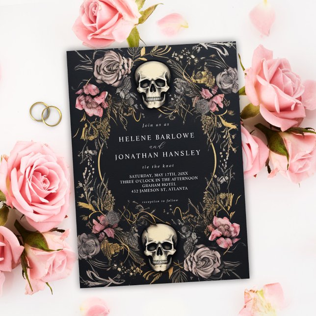 Skullig Blommigt Mörk Bröllop Inbjudningar (Skull Gothic Floral Dark Wedding Invitation)