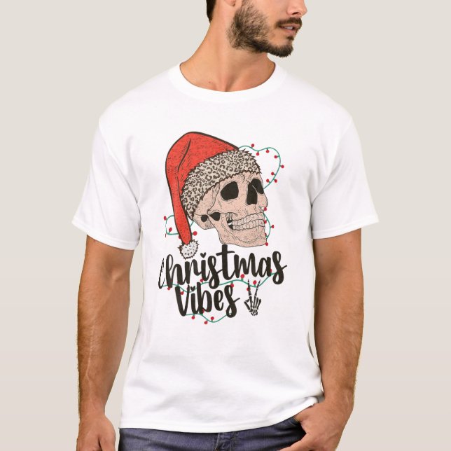 Skulljul Vibes Skeleton Santa Hat Julafton Holi T Shirt (Framsida)