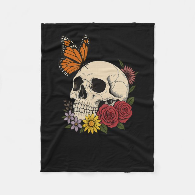 Skulls Monarch Butterfly Flowers Halloween Men Wom Fleecefilt (Framsidan)