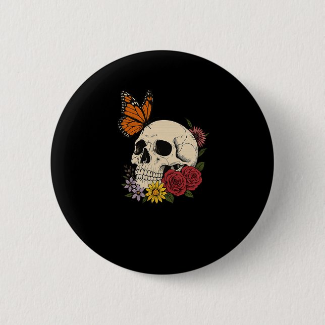 Skulls Monarch Butterfly Flowers Halloween Men Wom Knapp (Framsida)