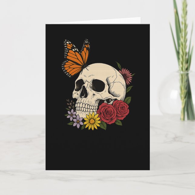 Skulls Monarch Butterfly Flowers Halloween Men Wom Kort (Framsida)