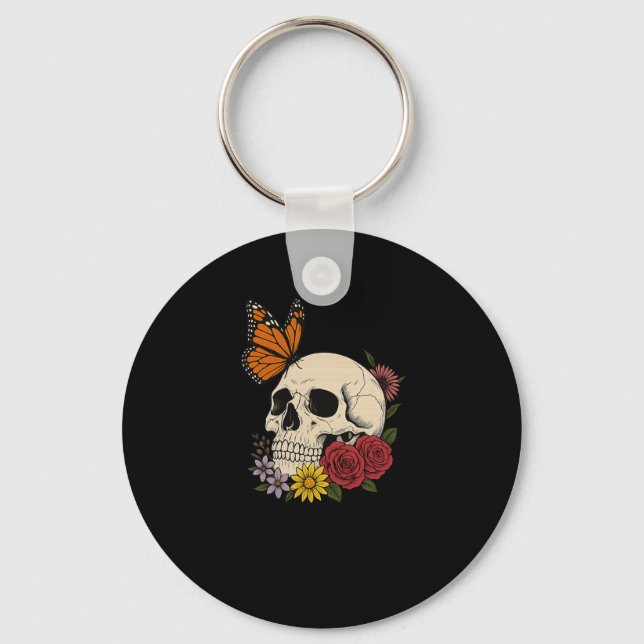 Skulls Monarch Butterfly Flowers Halloween Men Wom Nyckelring (Framsida)