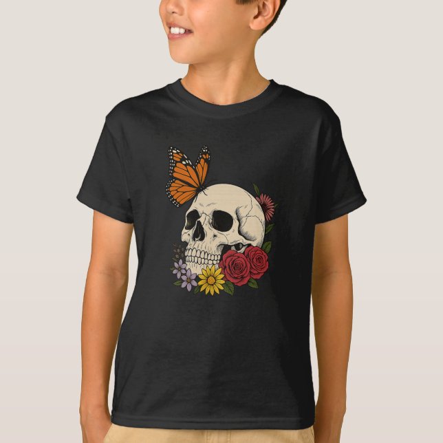 Skulls Monarch Butterfly Flowers Halloween Men Wom T Shirt (Framsida)