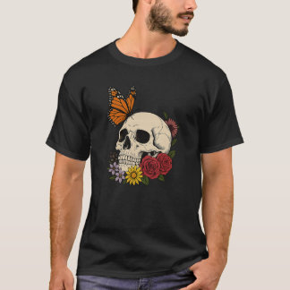 Skulls Monarch Butterfly Flowers Halloween Men Wom T Shirt