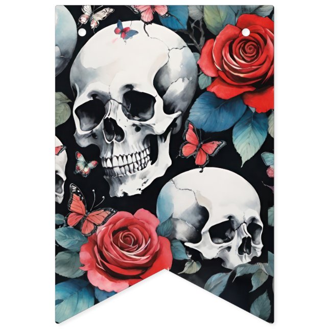Skulls Roses and Butterflies Goth Watercolor Vimplar (Första flaggan)