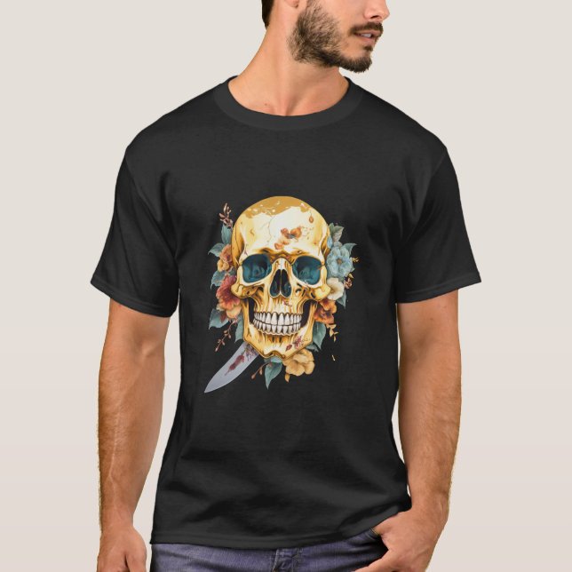 Skullskjorta guld skalle med knivar och blomma t shirt (Framsida)