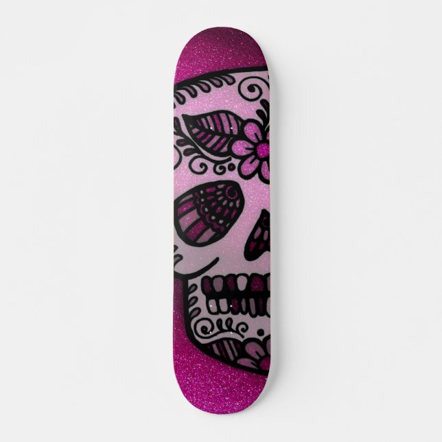 Skulltattningsdesign för Sparkly Shock rosa Sugar  Mini Skateboard Bräda 18,5 Cm (Framsida)