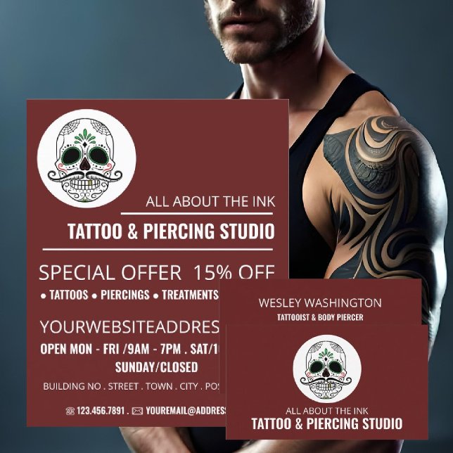 Skulltatuering, tattoo & Body Piercing Studio Reklamblad (Skapare uppladdad)