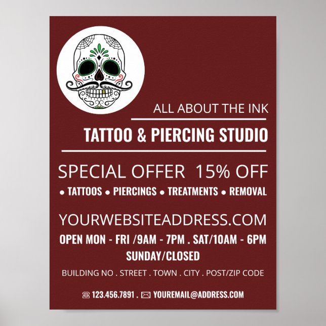 Skulltatuering, tattoo och Body Piercing Studio Ad Poster (Framsidan)