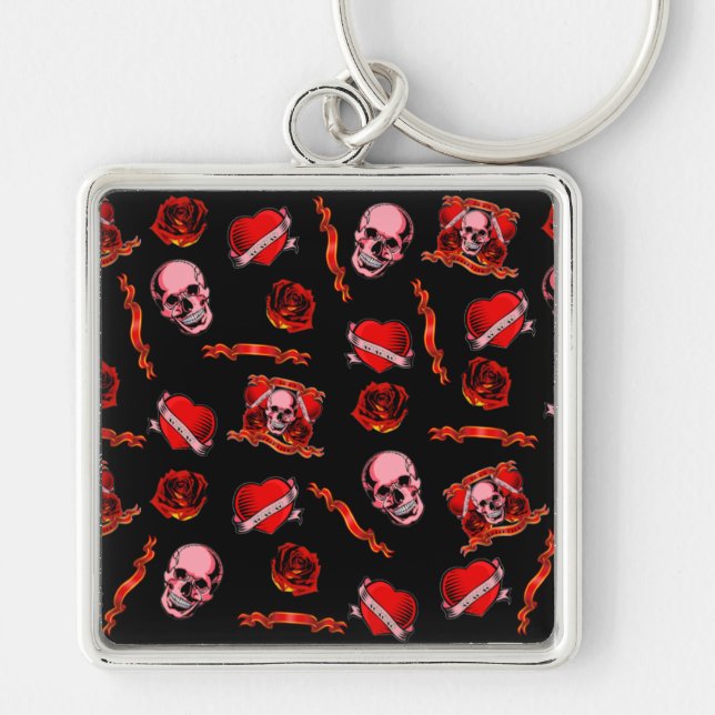 Skully Valentine Tattoos Fyrkantig Silverfärgad Nyckelring (Framsidan)