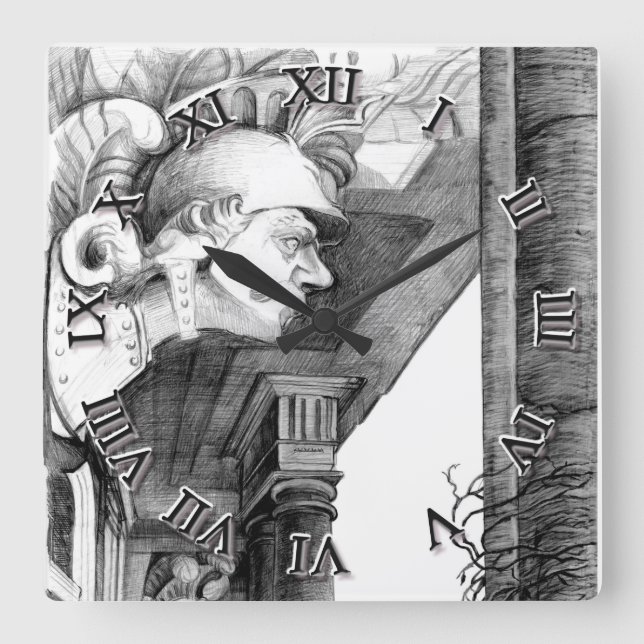 Skulptur av   slottsriterkonst  fyrkantig klocka (Framsida)