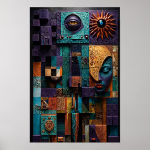 Skulptural mosaikorakelvägg - 3D lila teal Poster