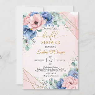 Skumblått och  rosa blommor guld ram inbjudningar