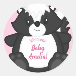 Skunk Baby Shower Rosa Runt Klistermärke