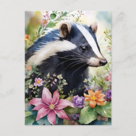 Skunk Blommigt Porträtt Art Vykort