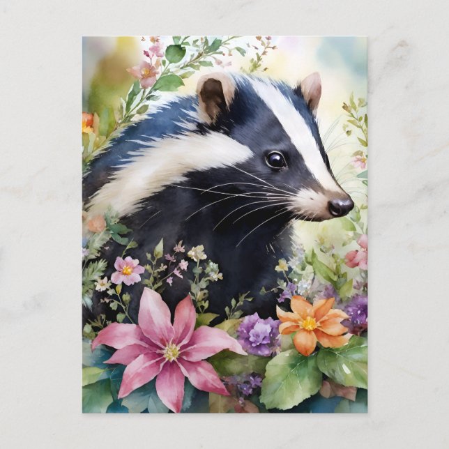 Skunk Blommigt Porträtt Art Vykort (Framsida)