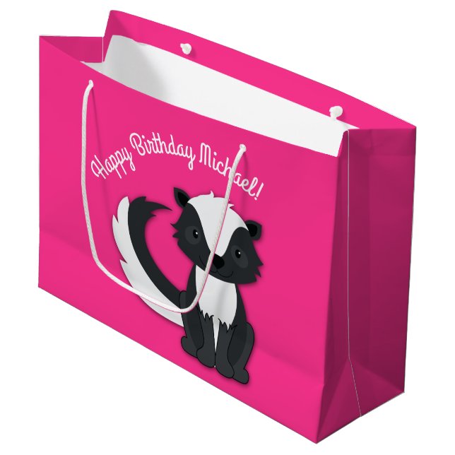 Skunk Födelsedagsfest Kids Rosa Large Gift Bag (Framsidan Vinklad)