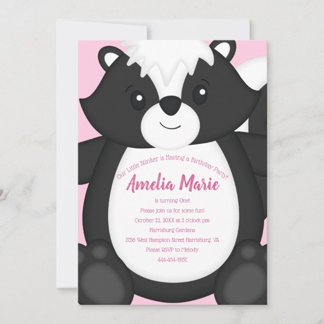 Skunk Födelsedagsfest Rosa Inbjudningar (Framsida)